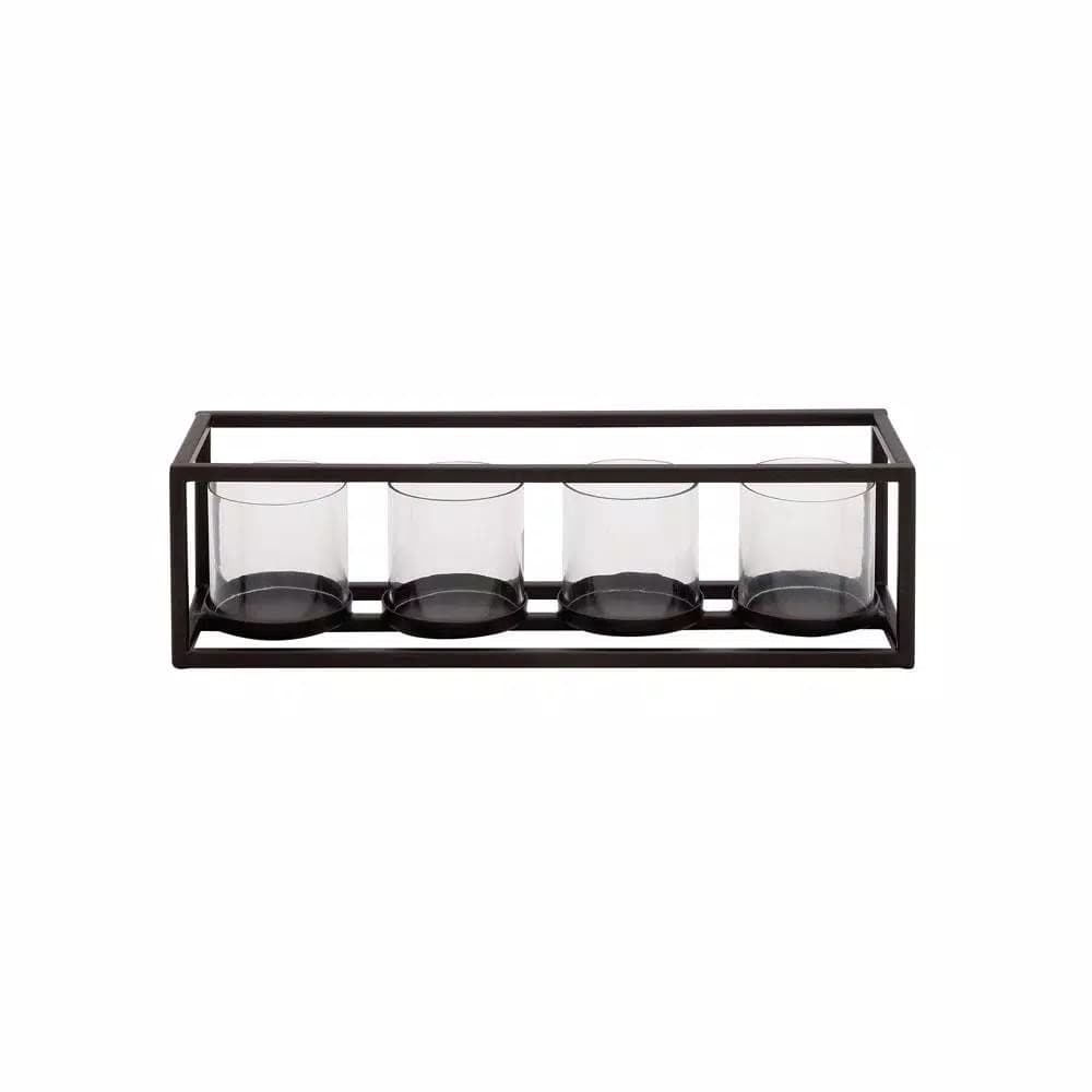 LITTON LANE 5 in. Black Iron and Clear Glass 4-Pedestal Rectangular Votive Candle Holder