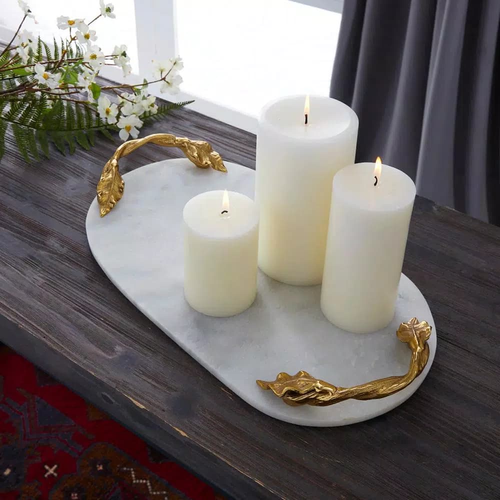 LITTON LANE 20 in. White Marble Oval Decorative Tray with Gold Leaf and Vine Aluminum Handles