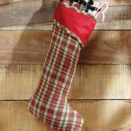VHC Brands Claren 20 in. Rustic Plaid Christmas Stocking - Cherry Red, Green, and Tan with Gold Thread thumbnail 2