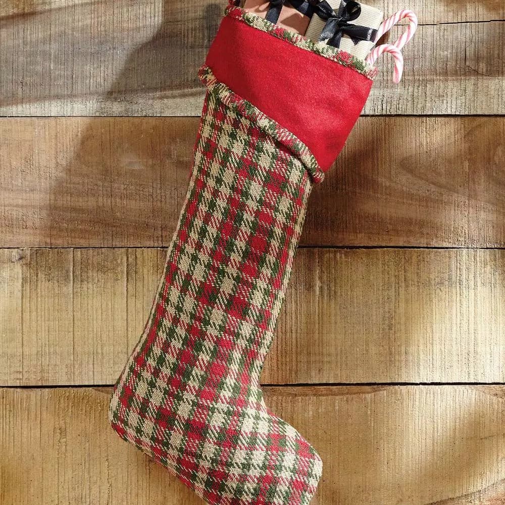 VHC Brands Claren 20 in. Rustic Plaid Christmas Stocking - Cherry Red, Green, and Tan with Gold Thread