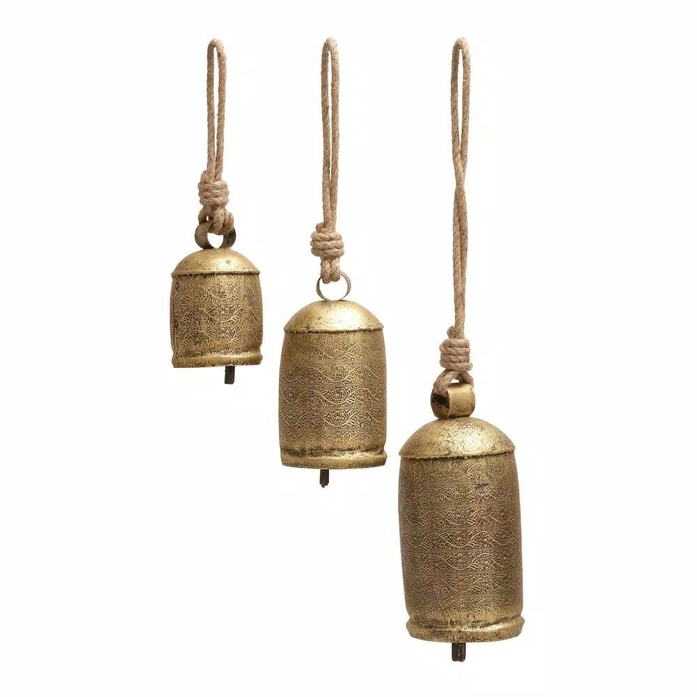 LITTON LANE Gold Brass Iron Bells with Natural Jute Rope Hangers, Set of 3