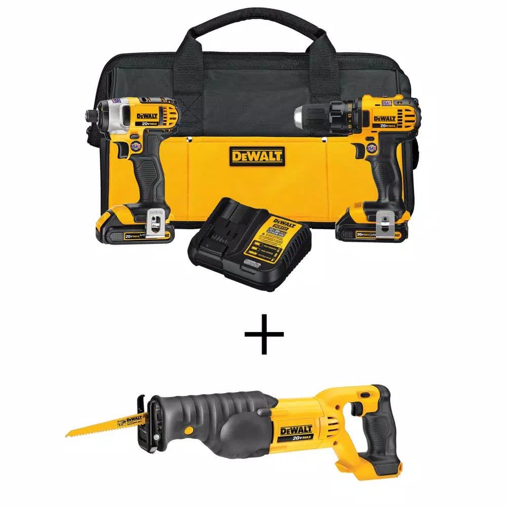 DEWALT 20V MAX Cordless Drill and Impact Driver Combo Kit with Bonus Reciprocating Saw, (2) 1.5 Ah Batteries & Charger
