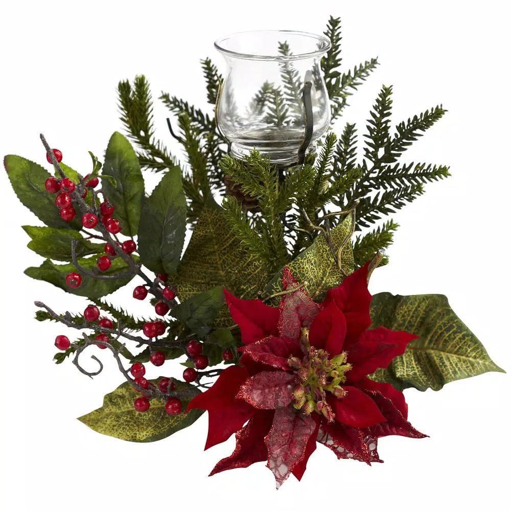 Nearly Natural Poinsettia and Pine Candelabrum Centerpiece - 25 in. Artificial Holiday Arrangement