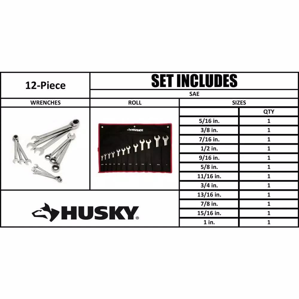 Husky Master SAE Reversible Ratcheting Wrench Set, 12-Piece, Chrome Finish