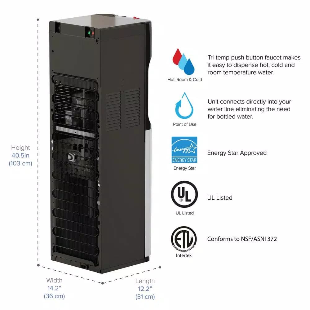 Brio Essential Series Bottleless Water Cooler, Tri-Temp Reverse Osmosis Filtration, Black & Stainless Steel