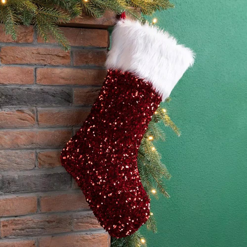 Glitzhome 21 in. Red Sequin Christmas Stocking with White Faux Fur Cuff
