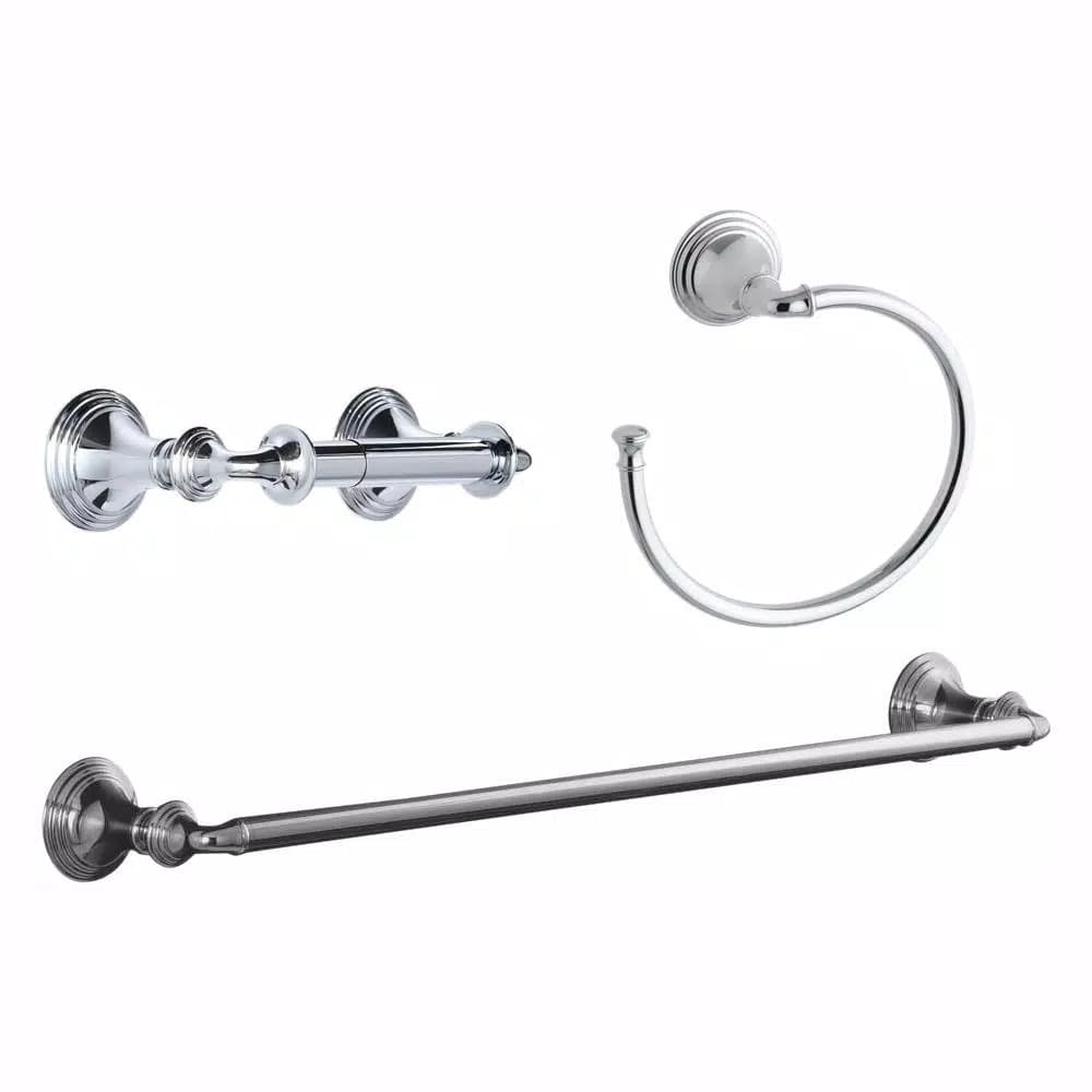 KOHLER Devonshire 3-Piece Bathroom Hardware Set - Towel Bar, Ring, and Toilet Paper Holder in Polished Chrome