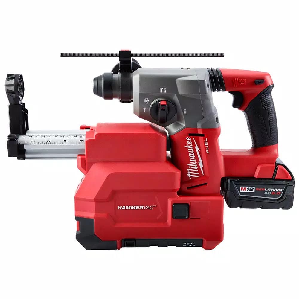 Milwaukee M18 FUEL 1 in. SDS-Plus Rotary Hammer with HAMMERVAC Dust Extractor Kit, (2) 5.0 Ah Batteries