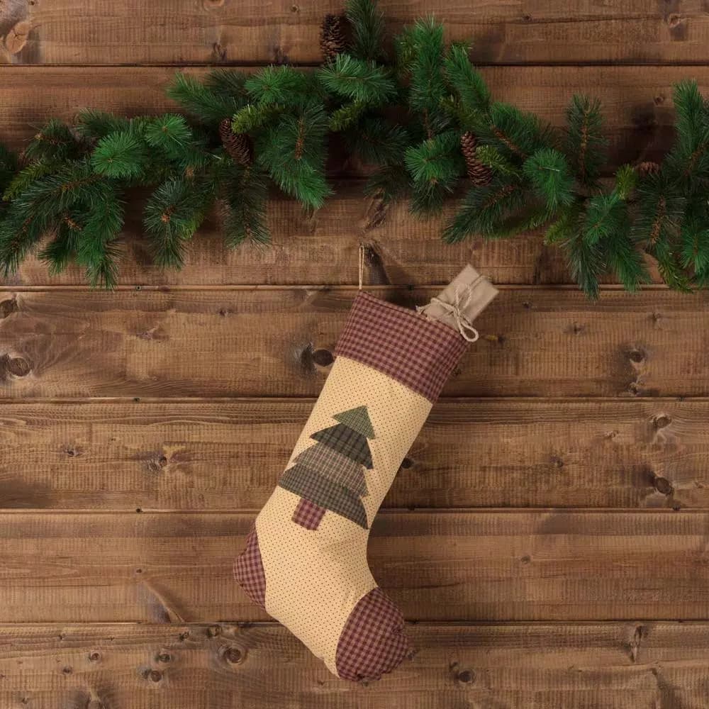 VHC Brands 20 in. Cotton Sequoia Creme White Rustic Christmas Stocking with Burgundy Check Accents