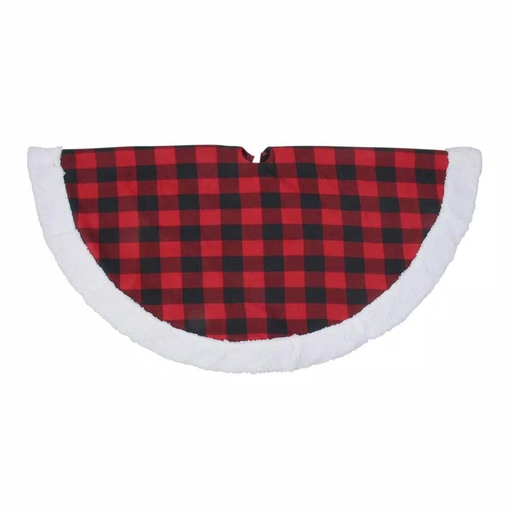 Northlight 56 in. Black and Red Buffalo Plaid Christmas Tree Skirt with White Sherpa Trim