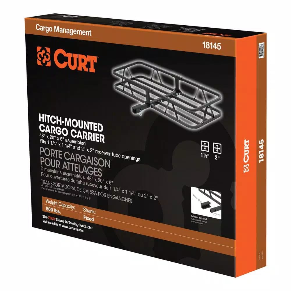 CURT 48 in. x 20 in. Steel Basket Style Hitch Cargo Carrier, 500 lb. Capacity, 2 in. Receiver with Adapter