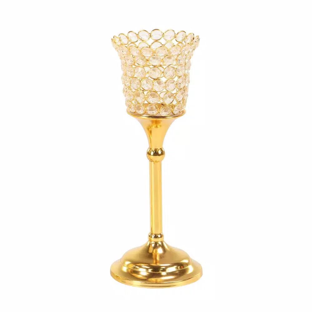 LITTON LANE Gold Aluminum Candle Holders with Bead Accents, Set of 3
