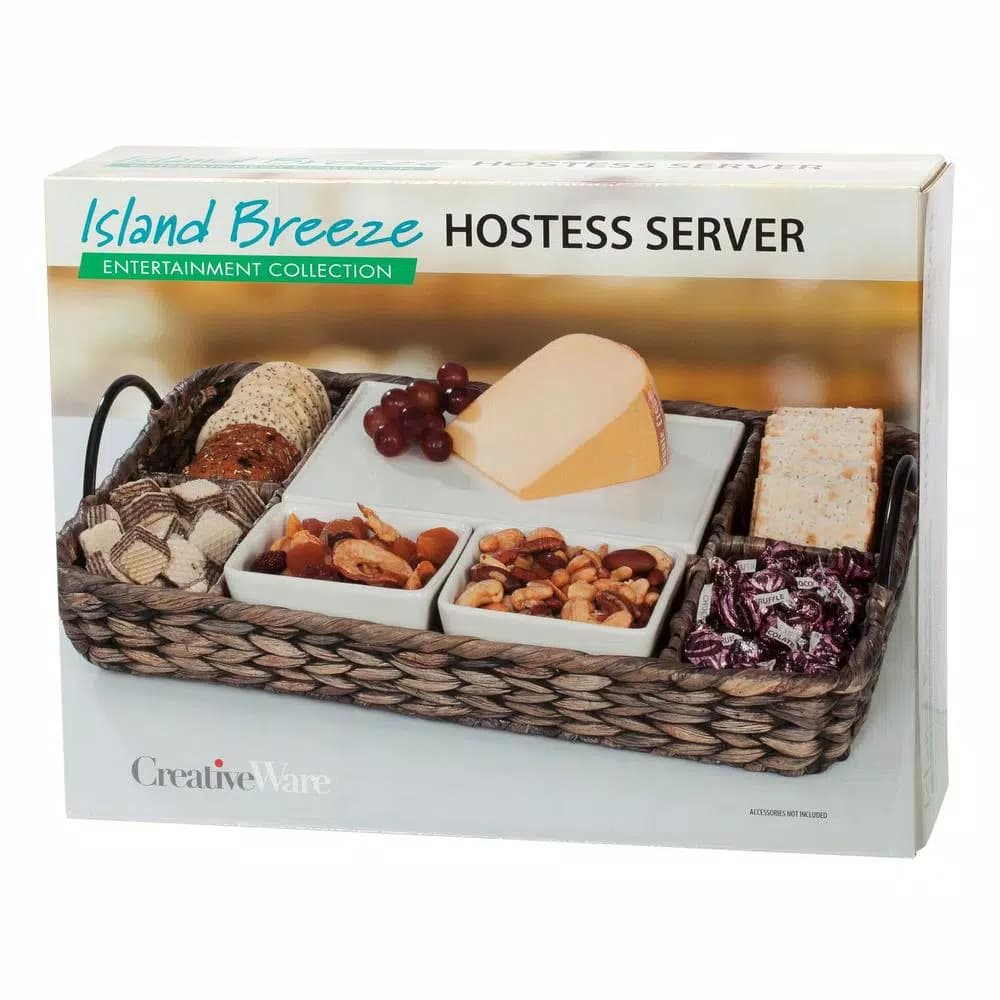Unbranded CreativeWare Island Breeze Complete Hostess Server Set with Water Hyacinth Basket & Ceramic Bowls
