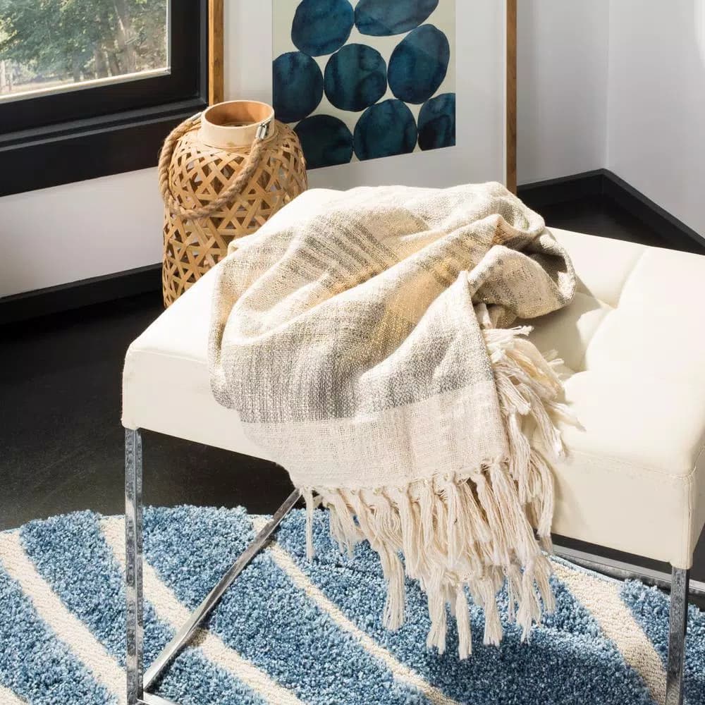 Safavieh Voleta White and Gold Striped Cotton Throw Blanket with Fringe