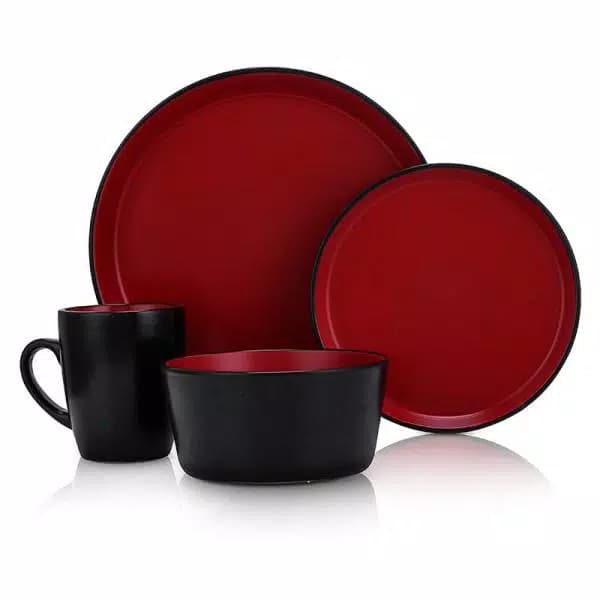 STONE LAIN 16-Piece Red and Black Stoneware Dinnerware Set, Service for 4