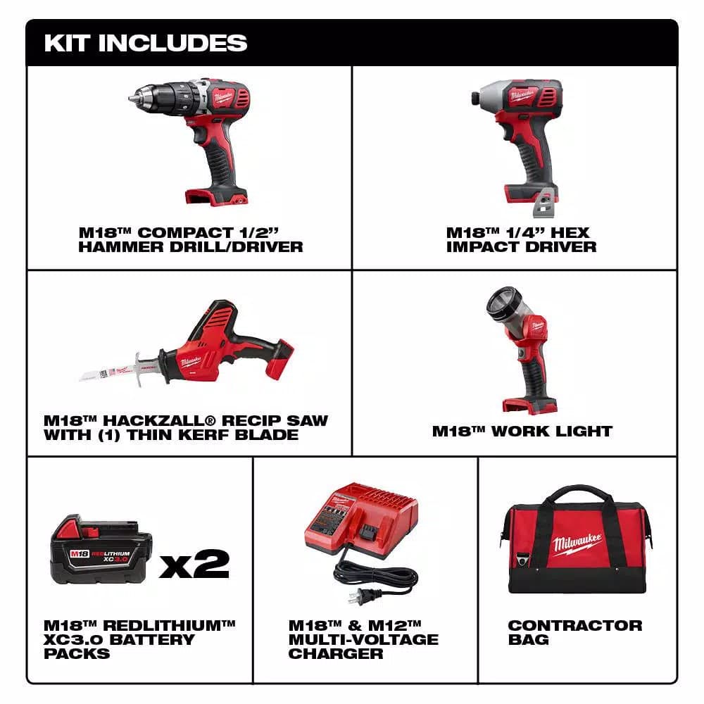 Milwaukee M18 18V Lithium-Ion Cordless 4-Tool Combo Kit with (2) 3.0 Ah Batteries, Charger, and Bag