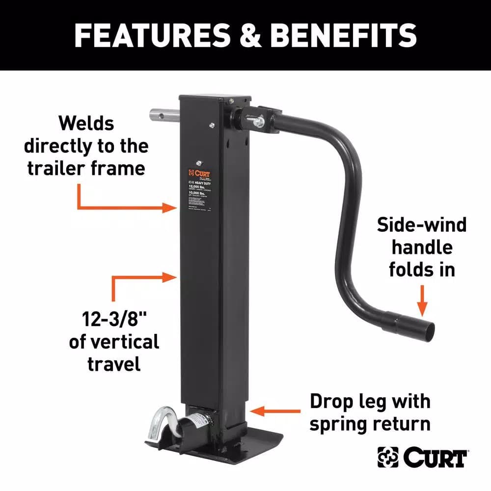 CURT Direct-Weld Square Trailer Jack with Side Handle, 12,000 lbs. Support, 12.5 in. Travel