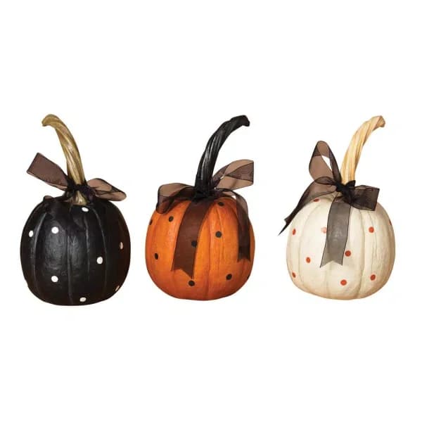 Gerson Set of 3 Polka Dot Halloween Resin Pumpkins with Ribbon Accents, 8.75 in. H