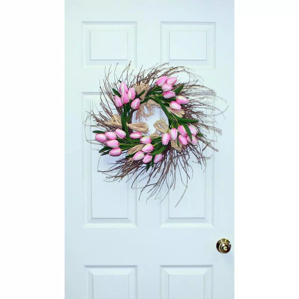 Worth Imports 22 in. Pink and White Tulip Raffia Wreath with Silk Flowers