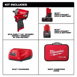 Milwaukee M12 FUEL 1/2 in. Stubby Brushless Cordless Impact Wrench Kit with 2 Batteries and Bag thumbnail 2