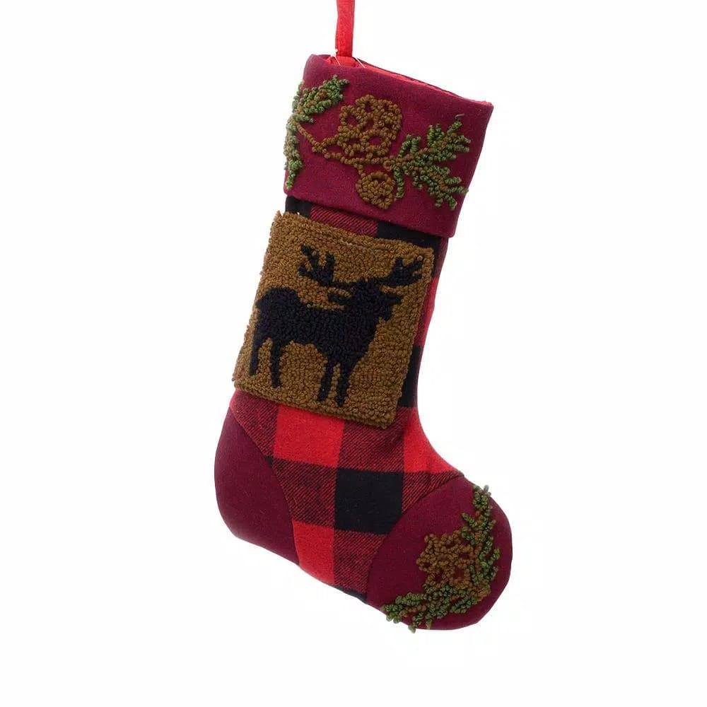 Glitzhome 19 in. Red and Black Plaid Christmas Stocking with Hooked Reindeer