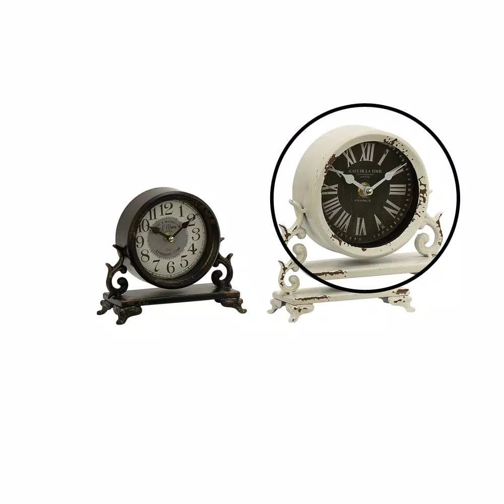 LITTON LANE 7 in. Iron Black and Vintage White Round Table Clocks with Scrollwork Base, Set of 2
