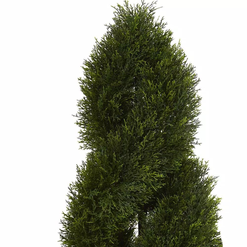 Nearly Natural 4 ft. Artificial Cypress Double Spiral Topiary Tree in Slate Planter, UV Resistant Indoor/Outdoor