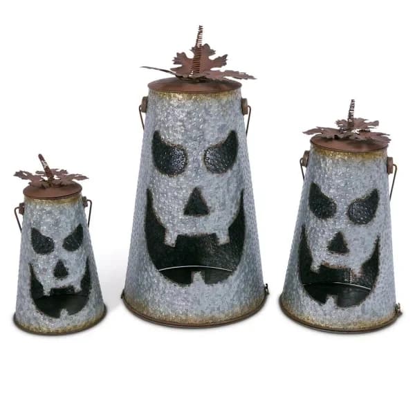 Gerson Assorted Metal Hammered Jack-O-Lantern Luminaries with Leaf Details, Set of 3