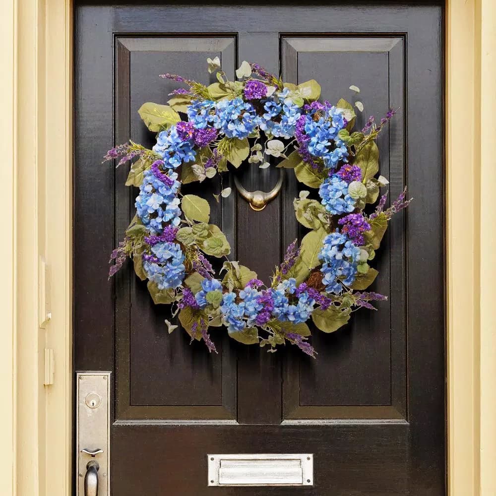 National Tree Company 32 in. Blue Hydrangea Flower Wreath with Green Leaves, Cottage Style