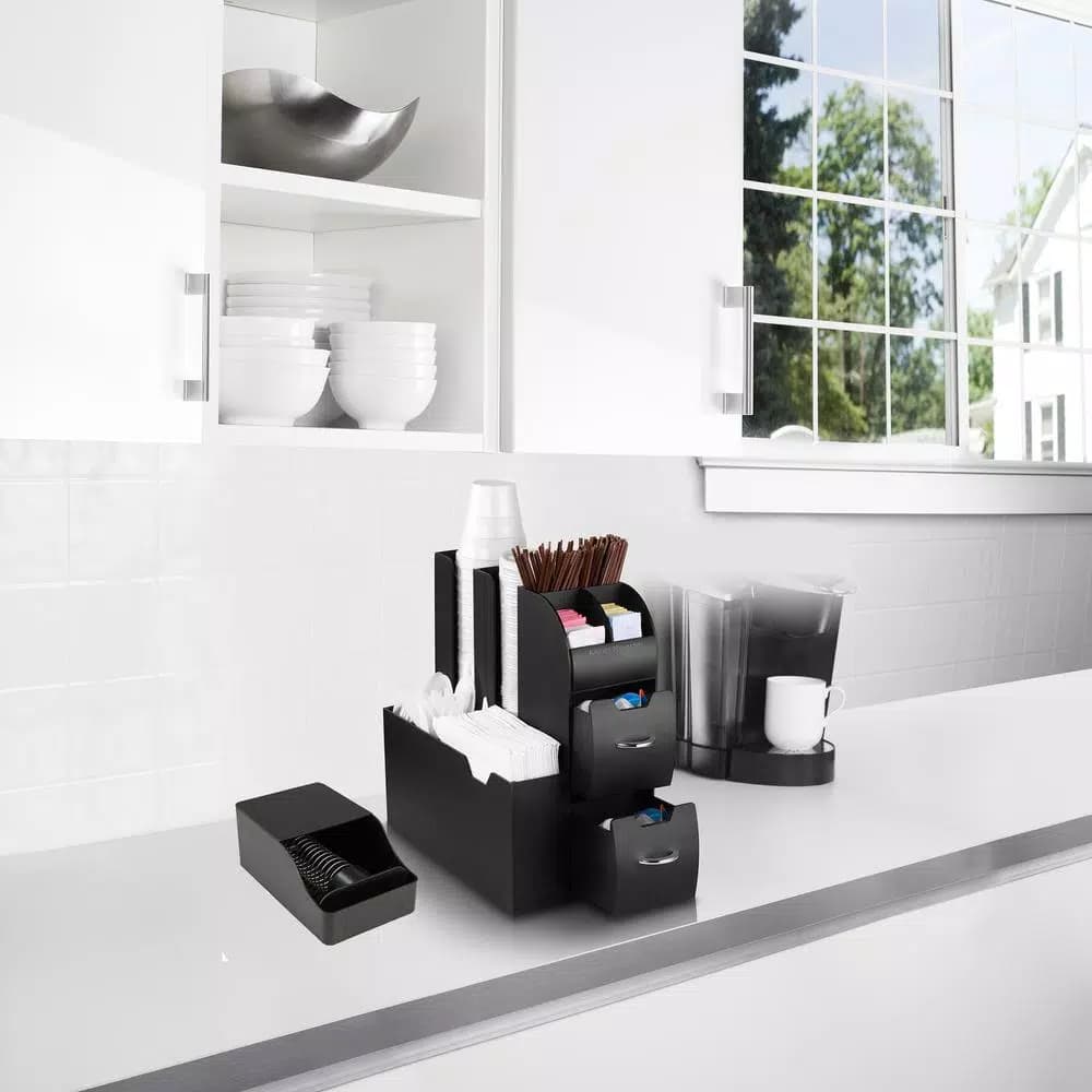 Mind Reader Black Coffee and Condiment Organizer with Integrated Sleeve Dispenser, Compact Space-Saving Design