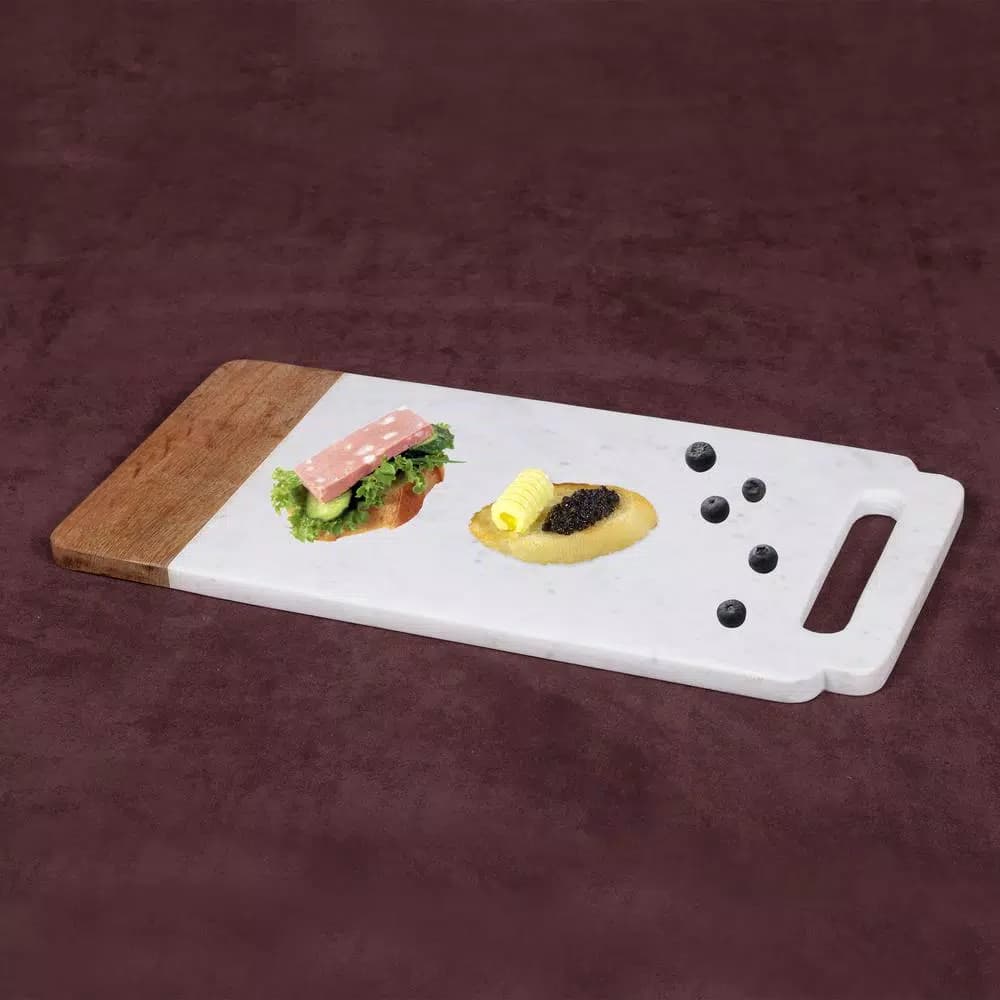Creative Home Taj Elite Creamy White Marble and Mango Wood Serving Board, 18 x 9 in.