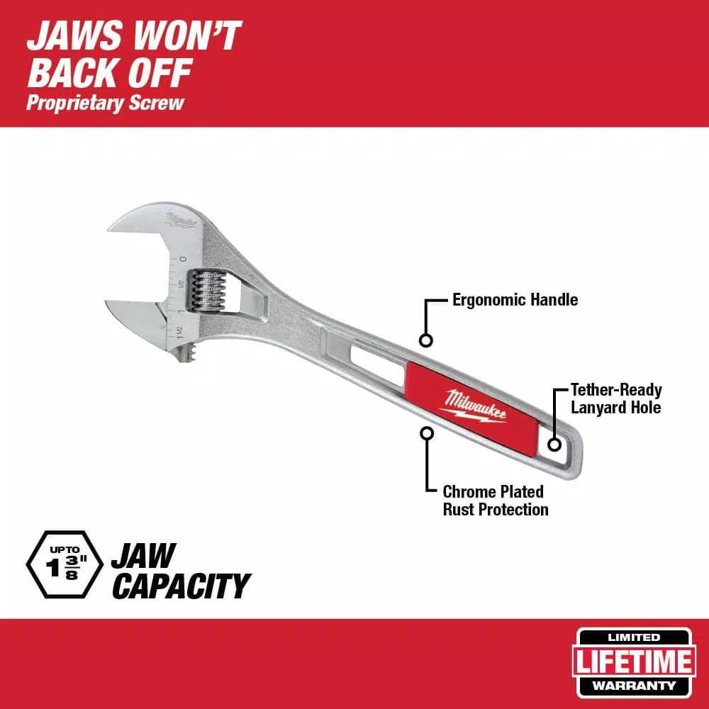 Milwaukee 10 in. Adjustable Wrench, Parallel Jaw Design, Chrome Plated