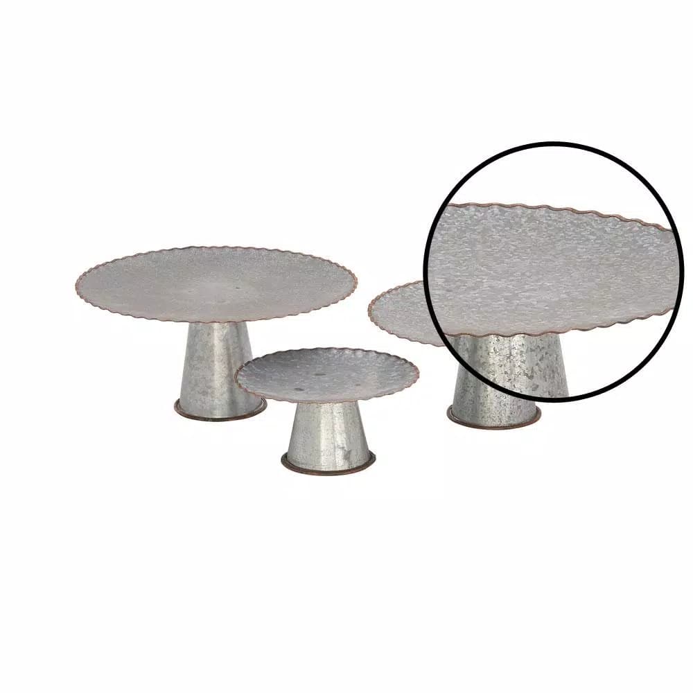 LITTON LANE Set of 3 Round Gray Iron Cake Stands with Copper Scalloped Edges, Farmhouse Style