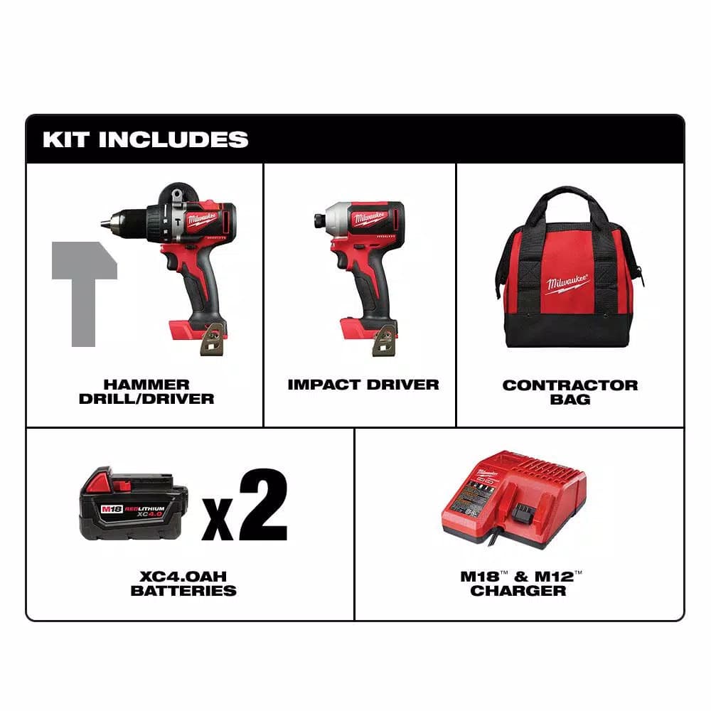 Milwaukee M18 Brushless 2-Tool Combo Kit: Hammer Drill & 3-Speed Impact Driver with (2) 4.0 Ah Batteries