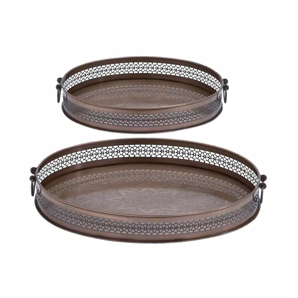 LITTON LANE New Traditional Metallic Latticed Iron Oval Trays, Set of 2, Brown Copper Finish