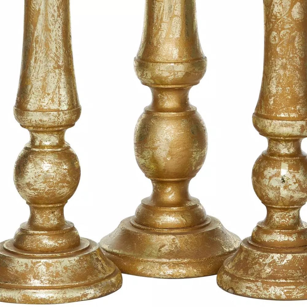 LITTON LANE Golden Mango Wood Candle Holder Set, Set of 3, Distressed Gold Finish