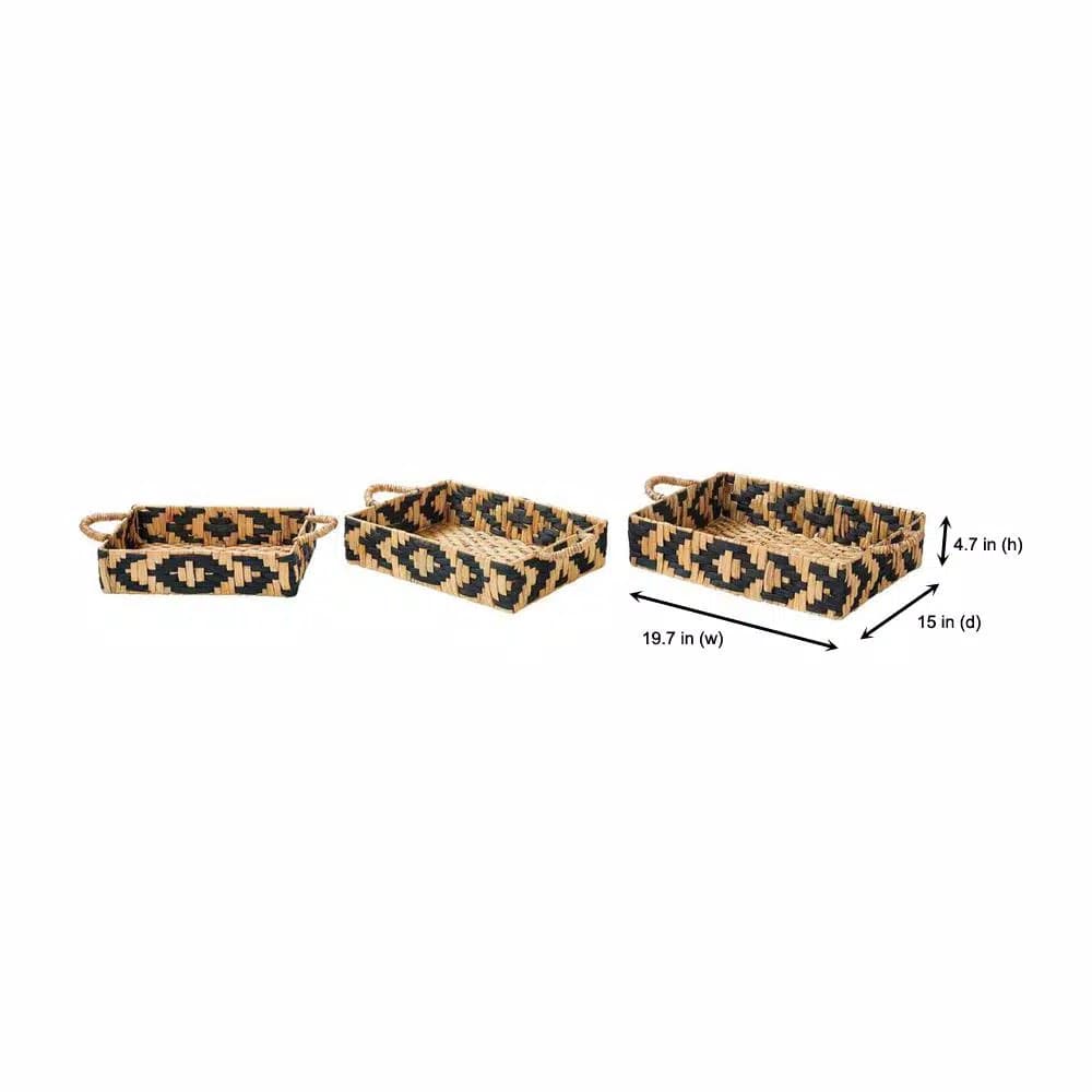 Home Decorators Collection Black and Natural Water Hyacinth Wicker Tray Set, 3-Piece Rectangle