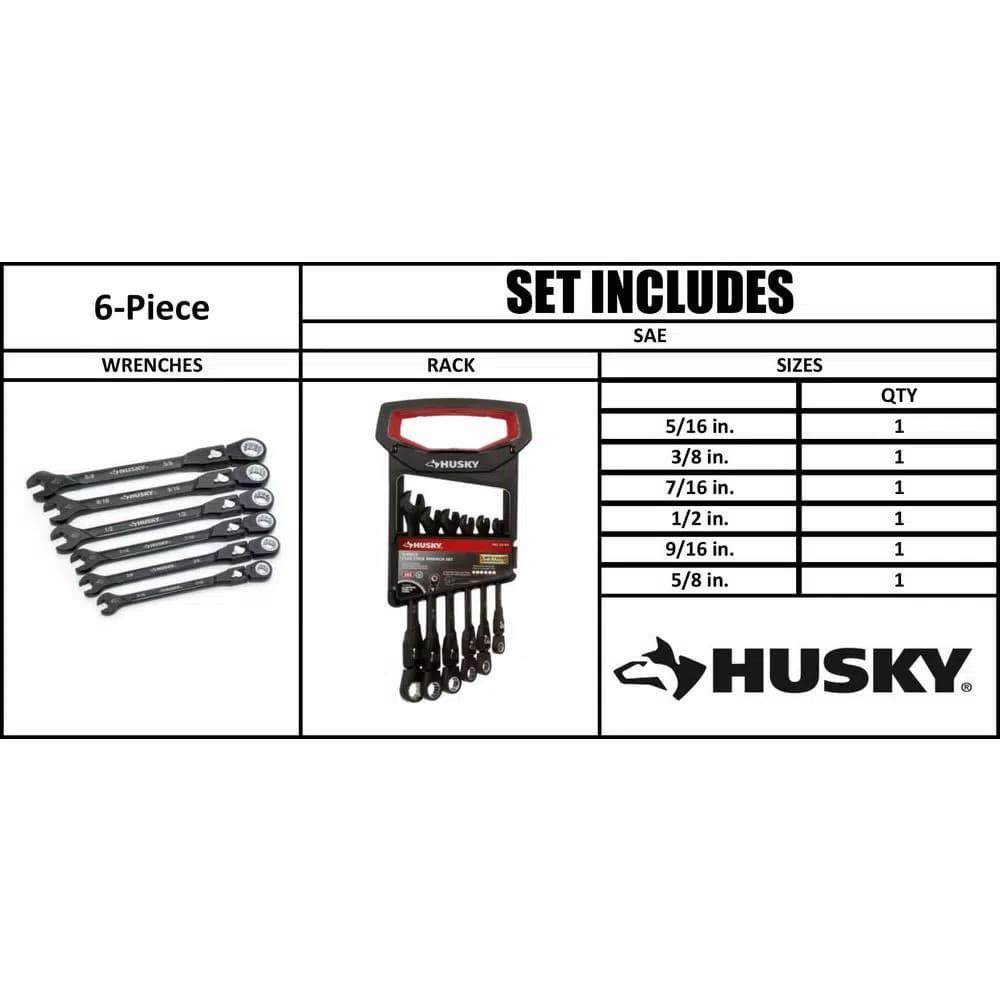 Husky 6-Piece SAE Flex-Head Ratcheting Wrench Set, 100-Position Locking