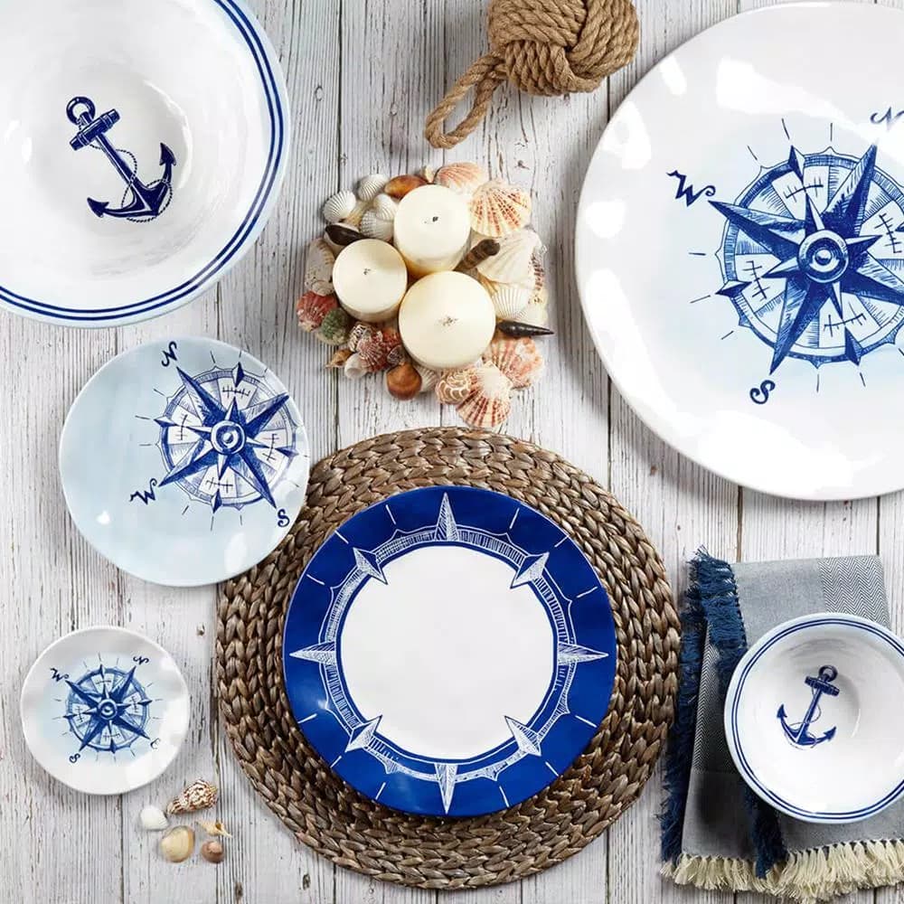 Q Squared Portsmouth 12 in. Melamine Serving Bowl - Coastal Blue Anchor & Compass Design