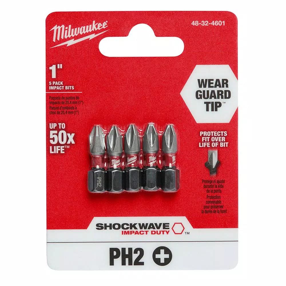 Milwaukee SHOCKWAVE 1 in. #2 Phillips Impact Duty Steel Insert Bits, 5-Pack