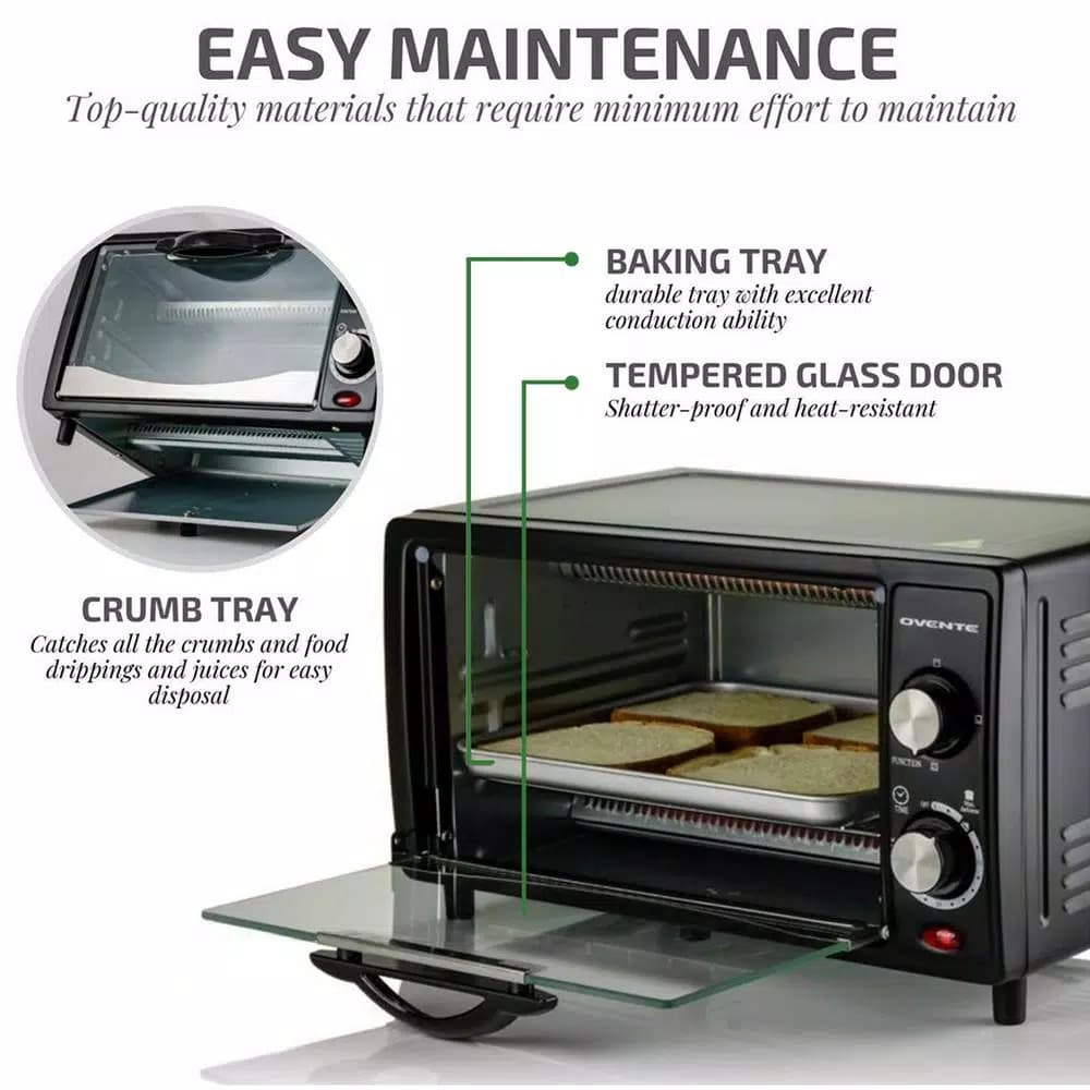 Ovente 800W Electric Toaster Oven, 10L Compact Oven with 3 Cooking Modes and 30-Min Timer, Black