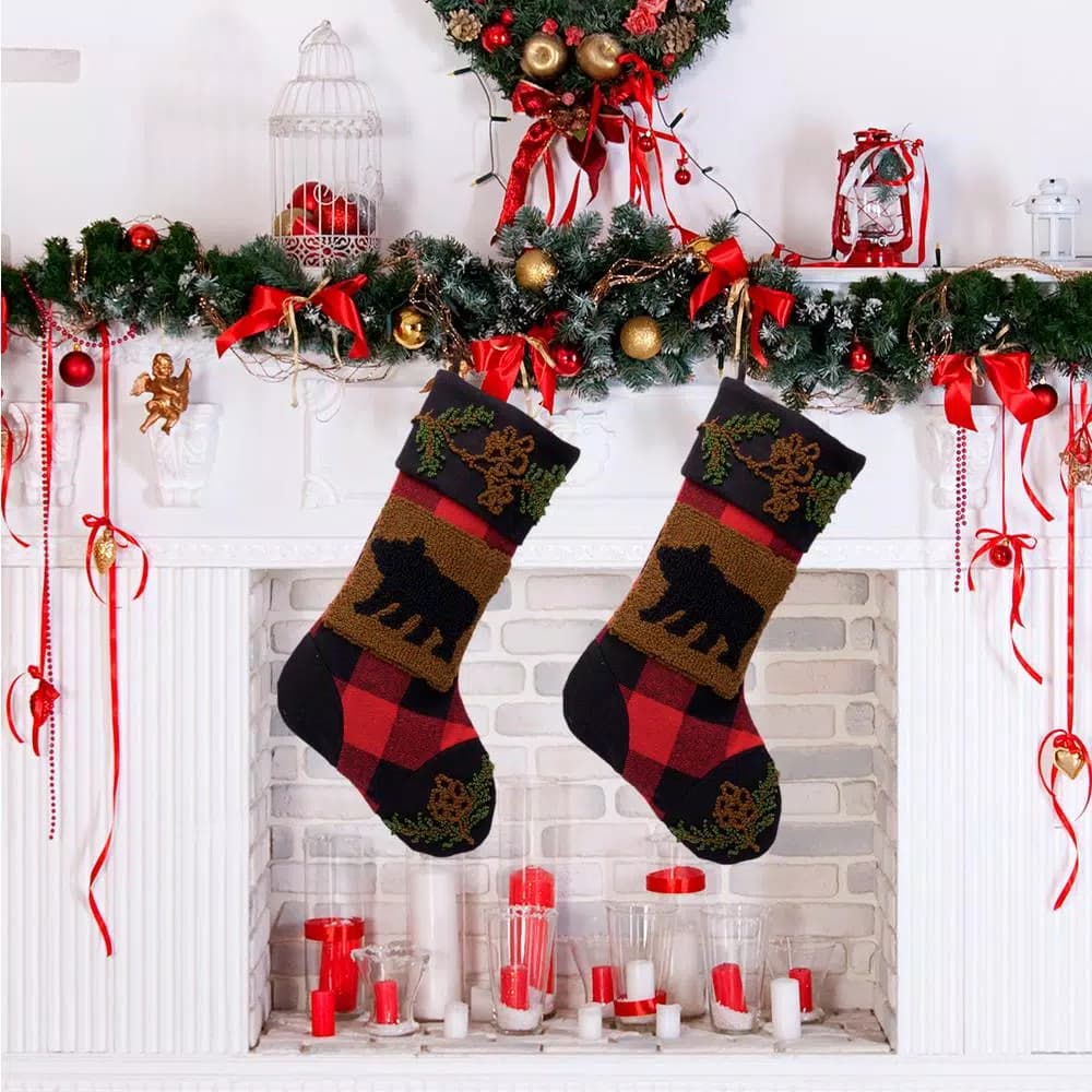 Glitzhome Plaid Bear Rug Hooked Christmas Stockings, 2-Pack