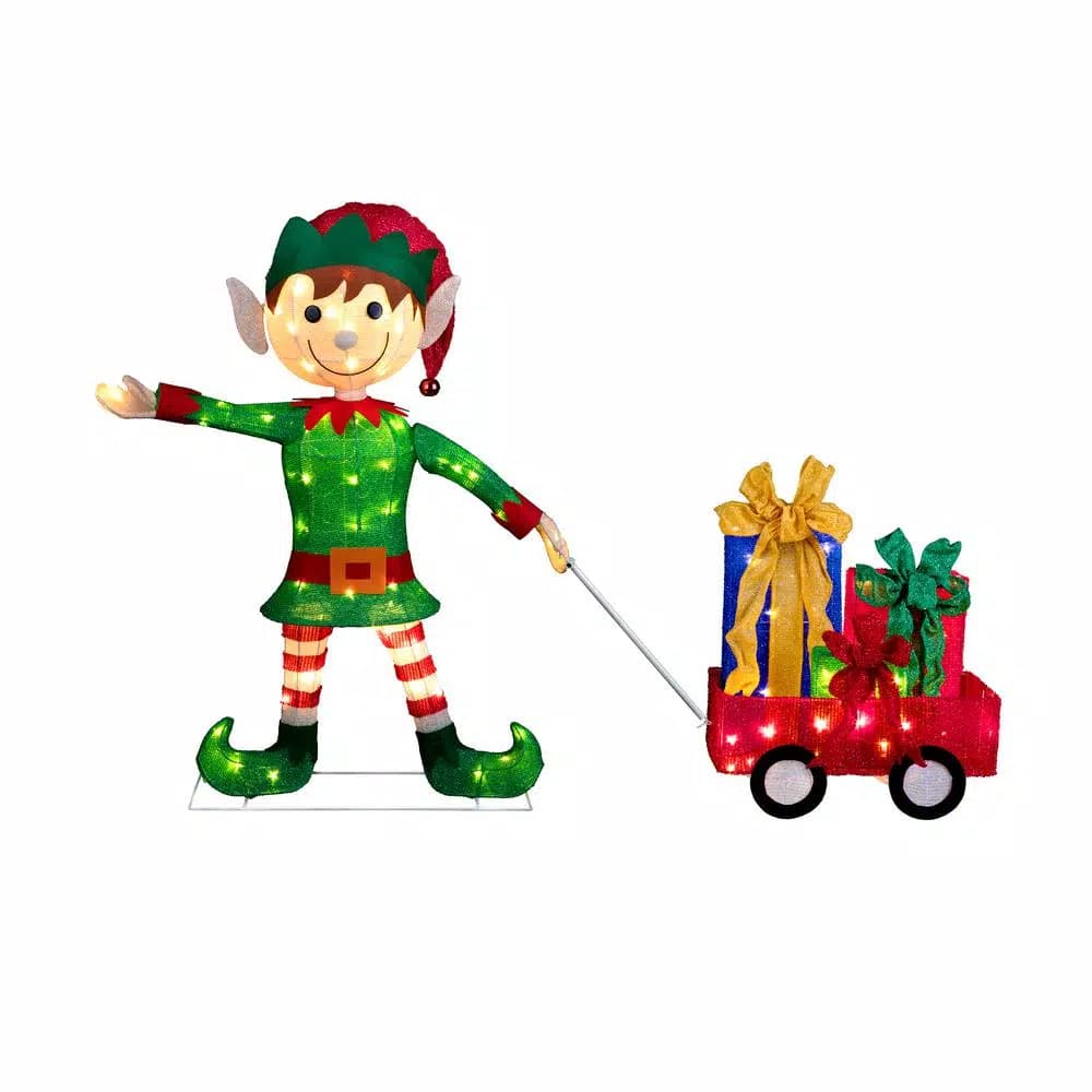 Haute Decor 42 in. Christmas Elf Pulling Wagon with 100 Warm White LED Lights, Outdoor Holiday Sculpture