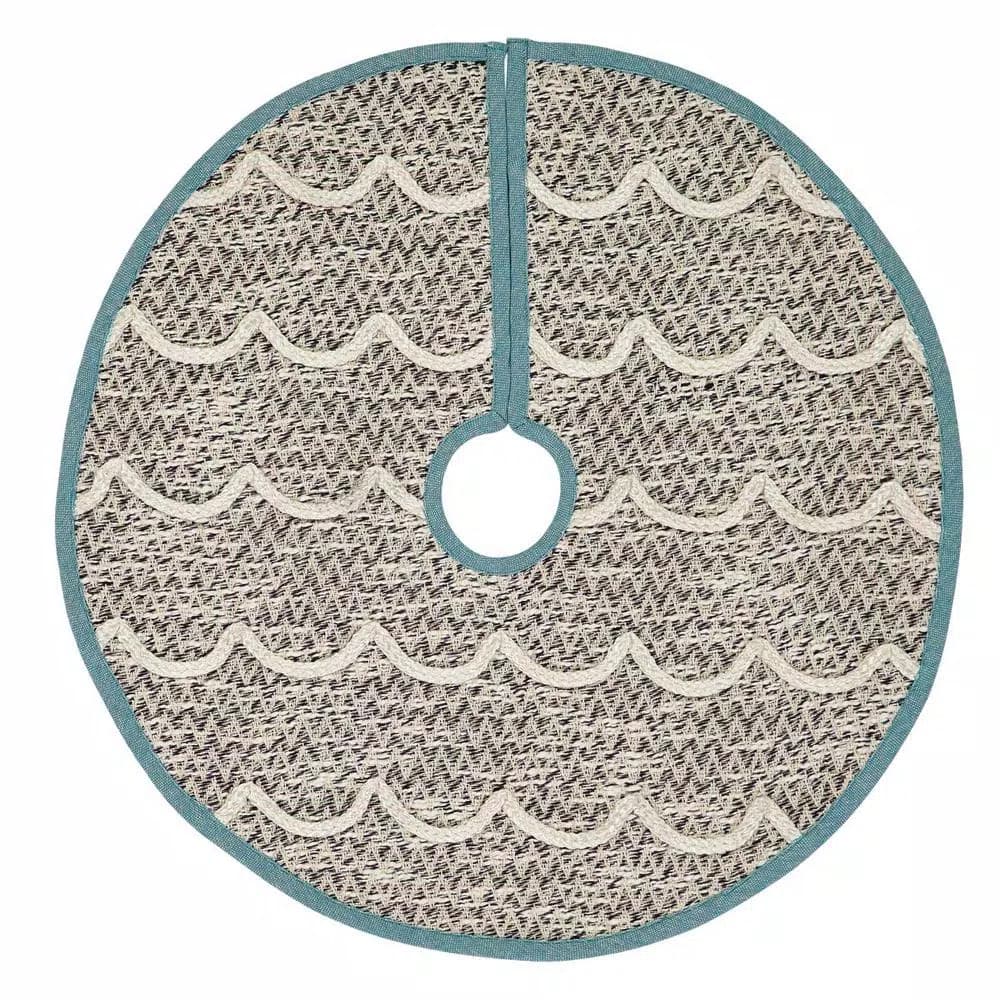 VHC Brands Sanbourne 21 in. Creme White Coastal Christmas Mini Tree Skirt with Turquoise Chambray Trim