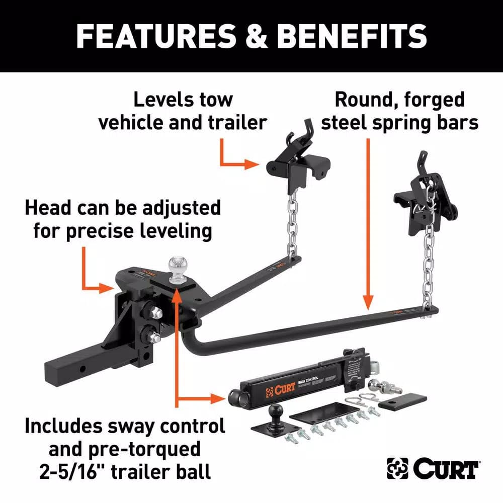 CURT Round Bar Weight Distribution Hitch Kit, 10,000 - 14,000 lbs. GTW, 31-5/8" Bars