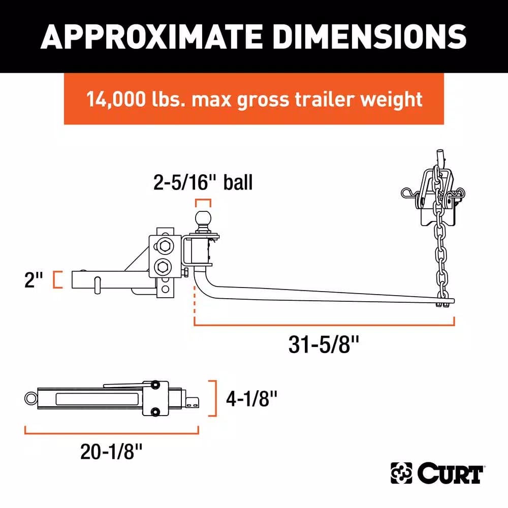 CURT Round Bar Weight Distribution Hitch Kit, 10,000 - 14,000 lbs. GTW, 31-5/8" Bars