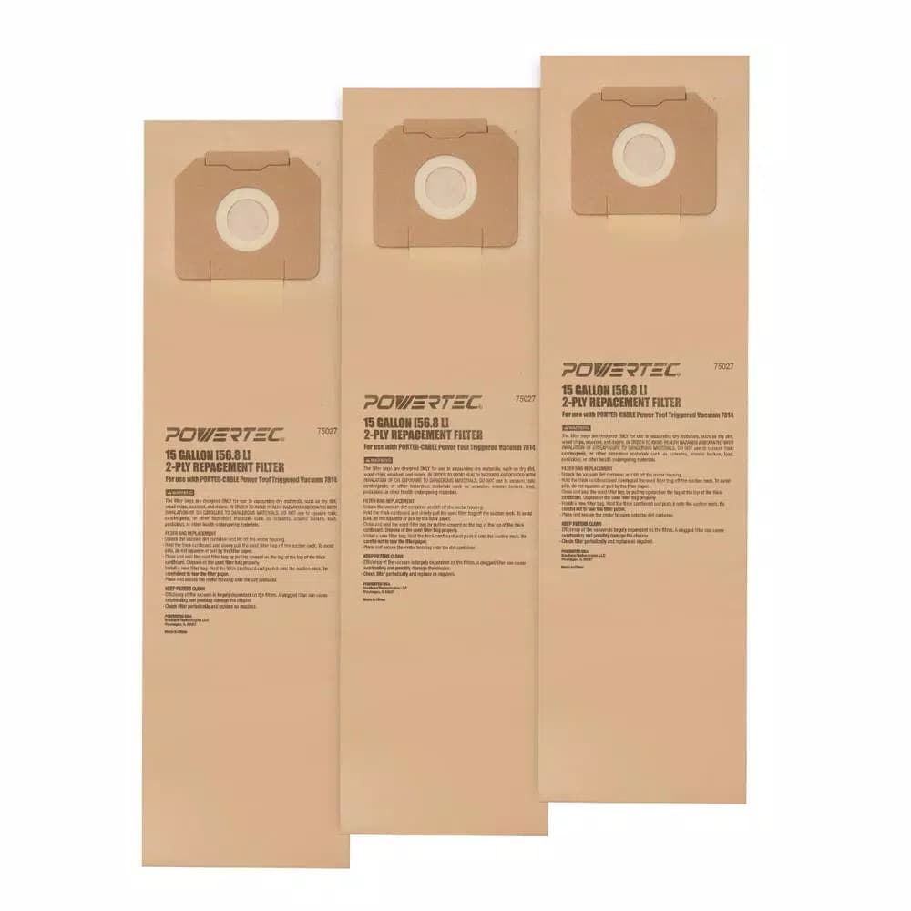POWERTEC 15 Gal. High Efficiency Replacement Filter Bags for PORTER-CABLE 7814 Vacuum (3-Pack)