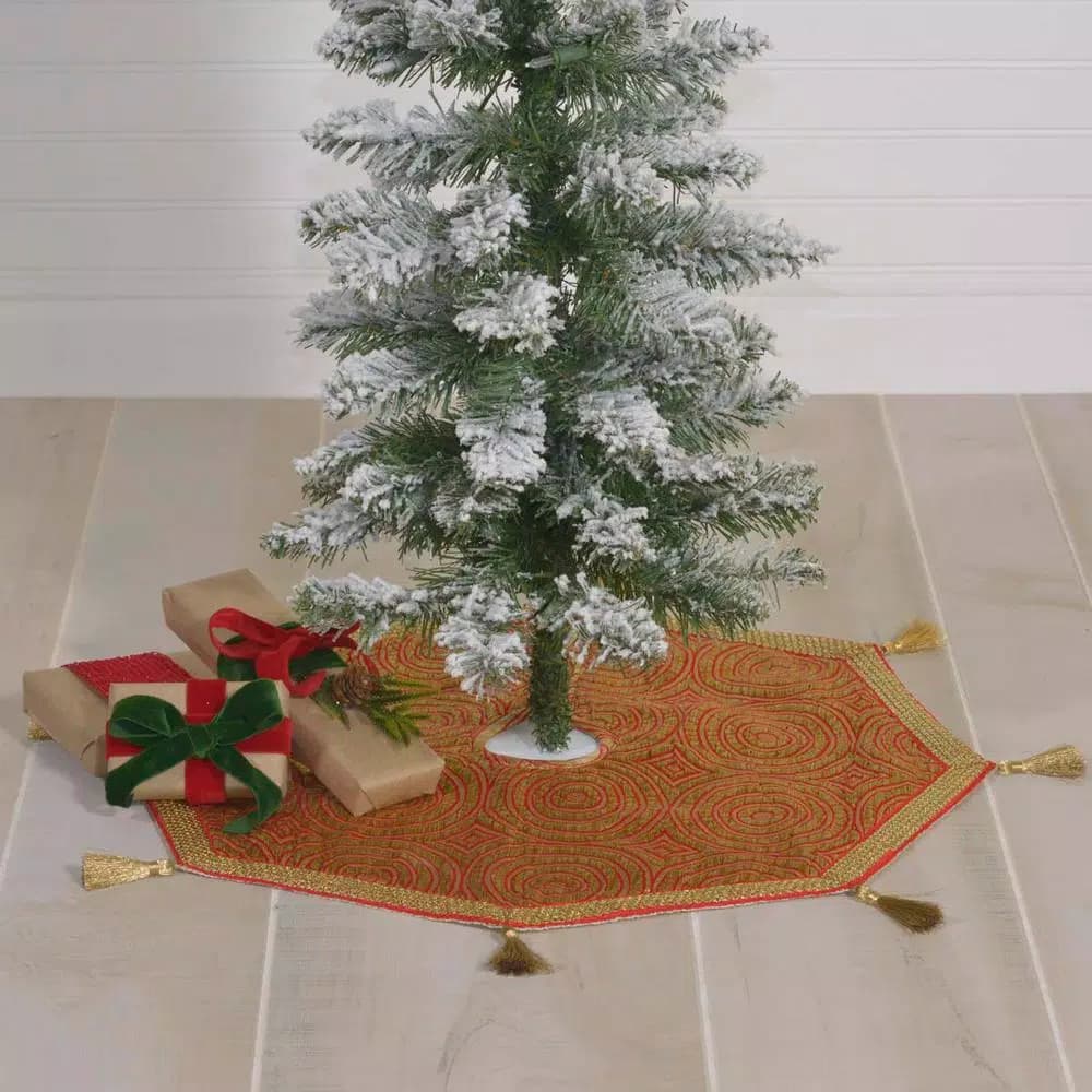 VHC Brands Soleil 21 in. Candy Apple Red & Bronze Jacquard Christmas Mini Tree Skirt with Gold Tassels