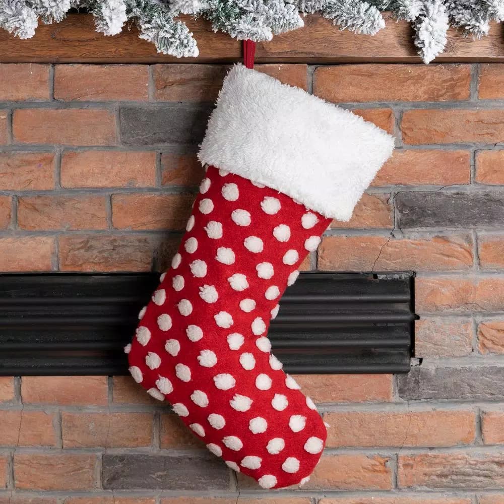 Glitzhome 21 in. Red and White Polka Dot Fabric Pompom Christmas Stocking
