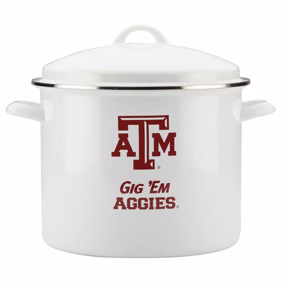 College Kitchen Collection Texas A&M University 12 Qt. Porcelain-Enameled Steel Nonstick Stock Pot with Lid, White
